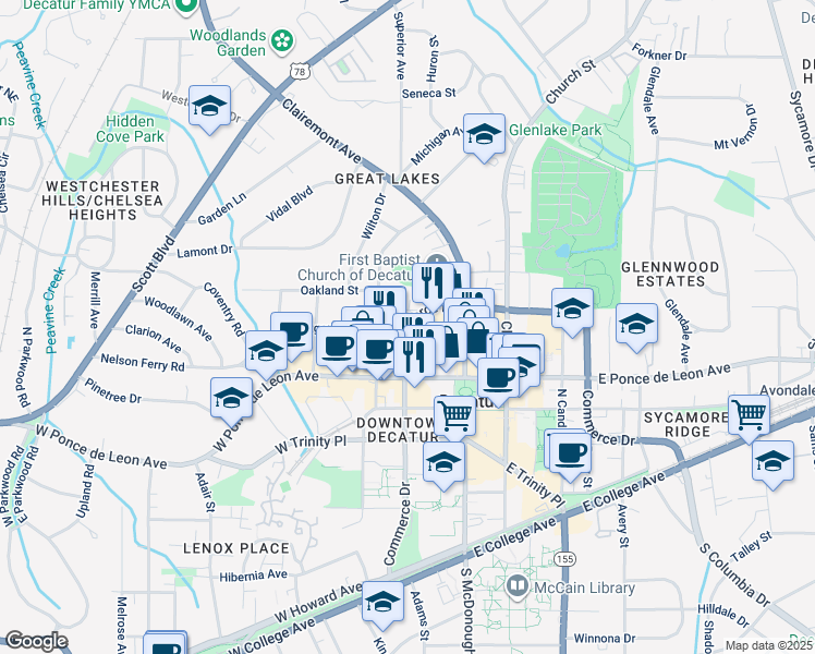 map of restaurants, bars, coffee shops, grocery stores, and more near in Decatur