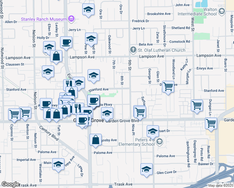 map of restaurants, bars, coffee shops, grocery stores, and more near 11390 Stanford Avenue in Garden Grove