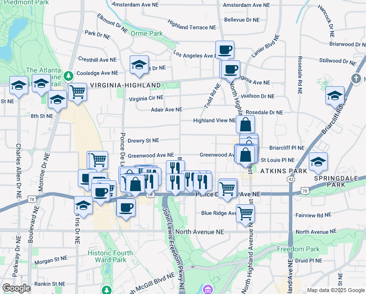 map of restaurants, bars, coffee shops, grocery stores, and more near 833 Barnett Street Northeast in Atlanta