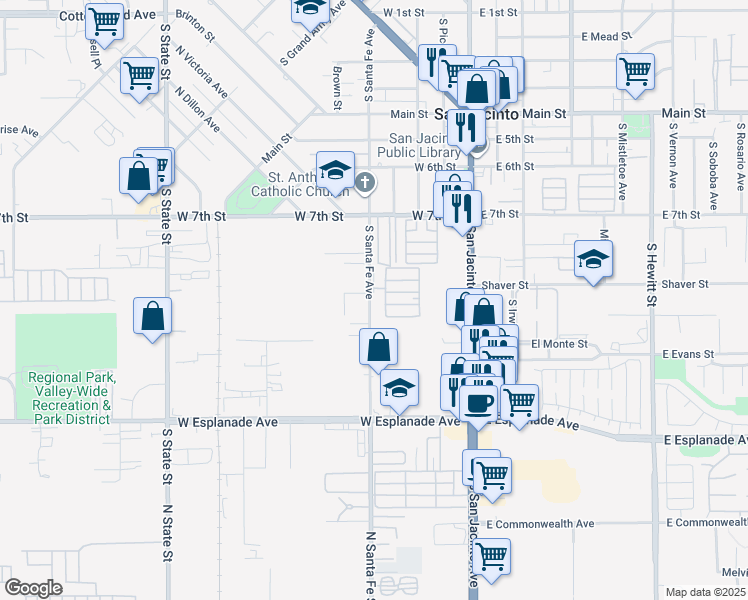 map of restaurants, bars, coffee shops, grocery stores, and more near 1005 South Santa Fe Avenue in San Jacinto