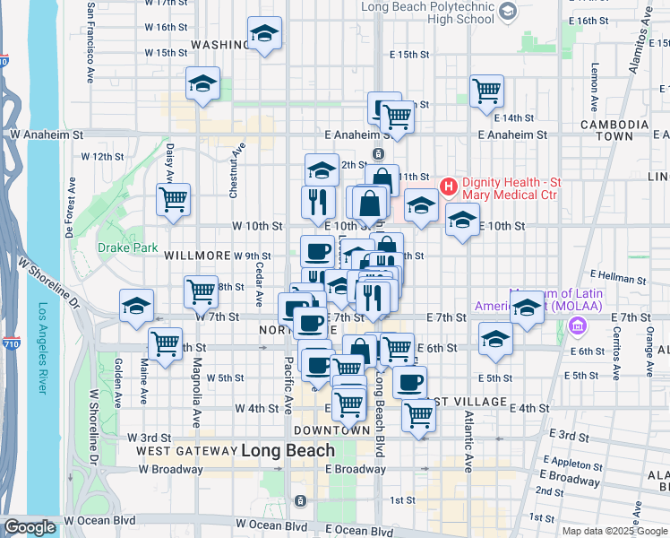 map of restaurants, bars, coffee shops, grocery stores, and more near 835 Locust Avenue in Long Beach