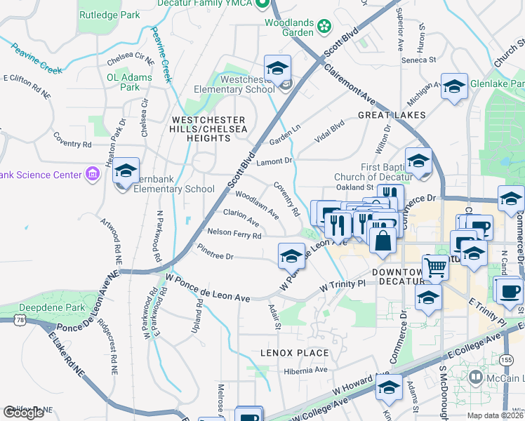 map of restaurants, bars, coffee shops, grocery stores, and more near 154 Woodlawn Avenue in Decatur
