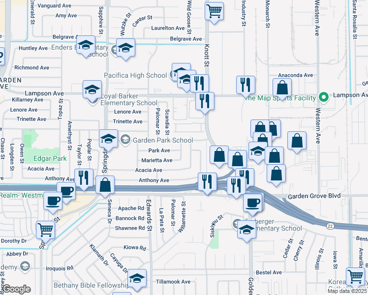 map of restaurants, bars, coffee shops, grocery stores, and more near 12762 Wild Goose Street in Garden Grove
