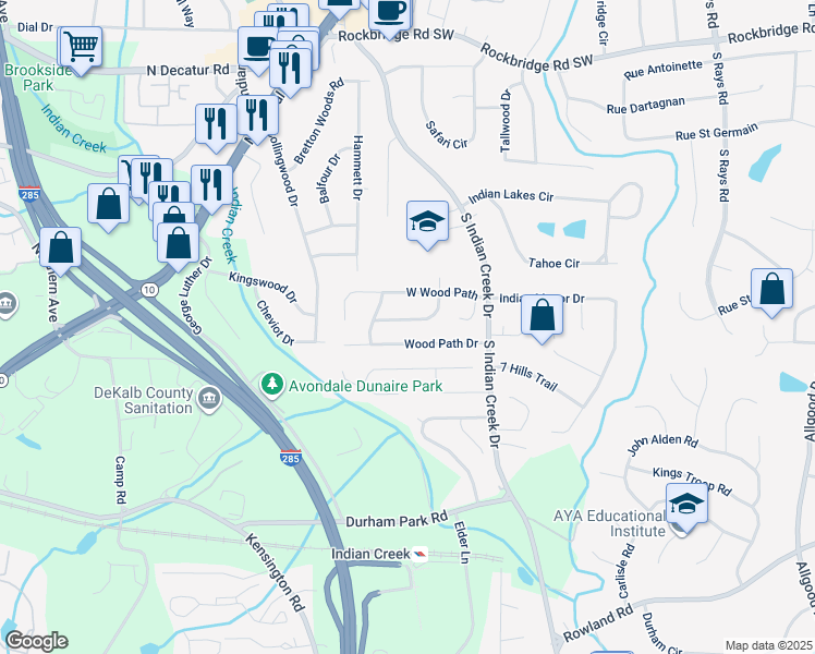 map of restaurants, bars, coffee shops, grocery stores, and more near 3905 Wood Path Lane in Stone Mountain
