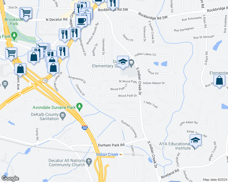 map of restaurants, bars, coffee shops, grocery stores, and more near 3893 Wood Path Lane in Stone Mountain