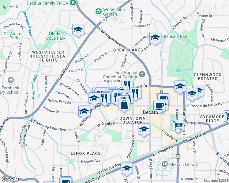 map of restaurants, bars, coffee shops, grocery stores, and more near 233 Montgomery Street in Decatur