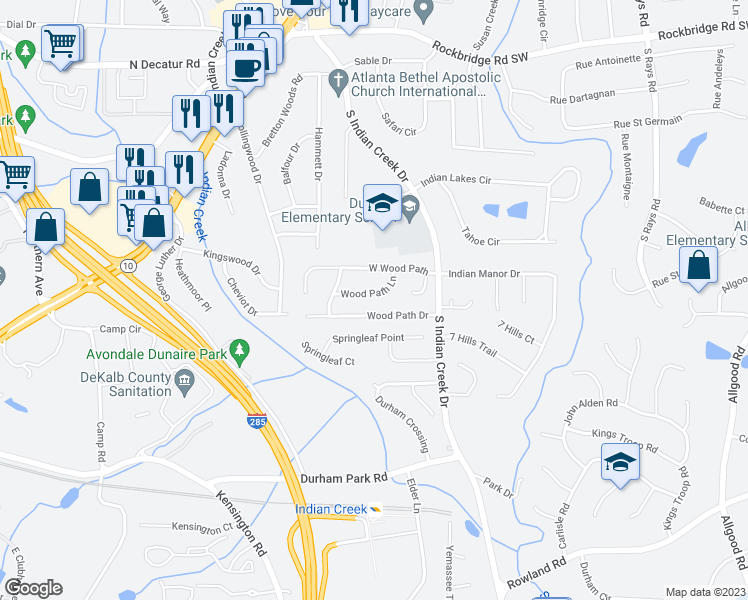 map of restaurants, bars, coffee shops, grocery stores, and more near 3917 Wood Path Lane in Stone Mountain