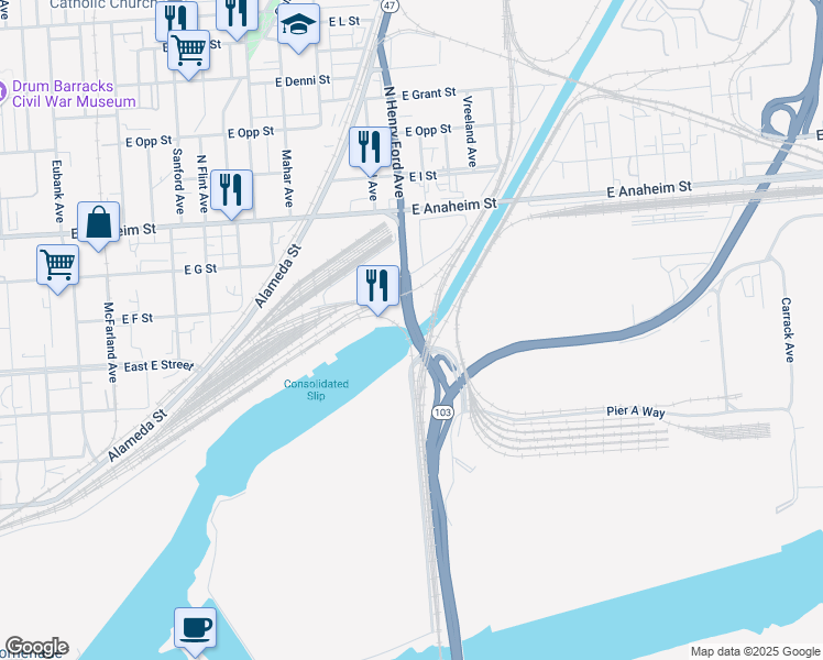 map of restaurants, bars, coffee shops, grocery stores, and more near North Henry Ford Avenue in Los Angeles