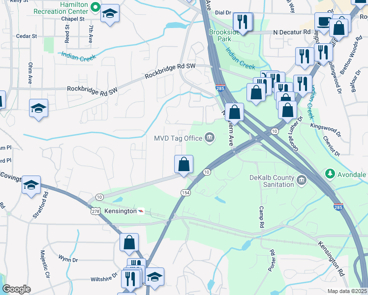 map of restaurants, bars, coffee shops, grocery stores, and more near 656 Avondale Park Circle in Decatur