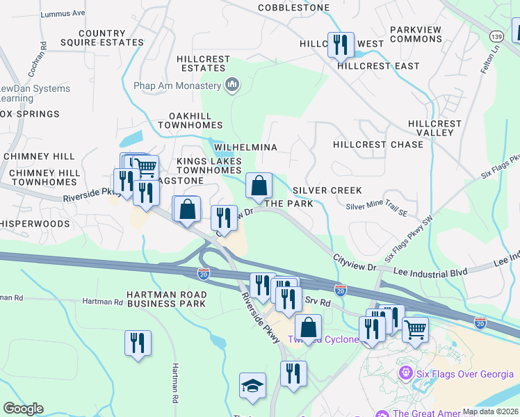 map of restaurants, bars, coffee shops, grocery stores, and more near 6 Cityview Drive in Austell