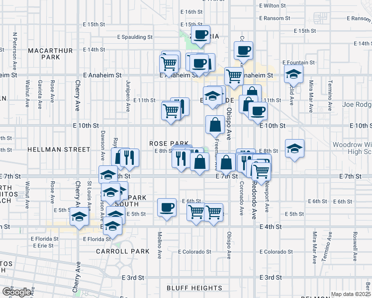map of restaurants, bars, coffee shops, grocery stores, and more near 2825 East 8th Street in Long Beach