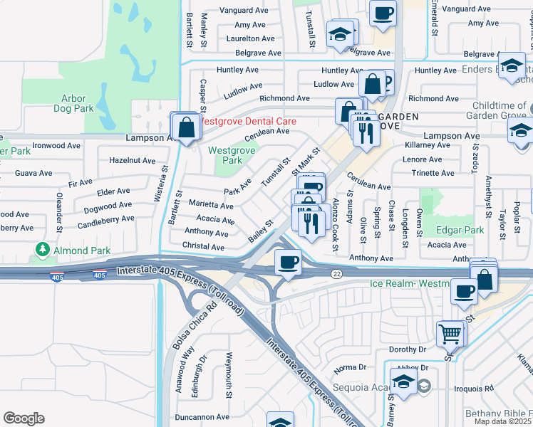 map of restaurants, bars, coffee shops, grocery stores, and more near 12771 Bailey Street in Garden Grove