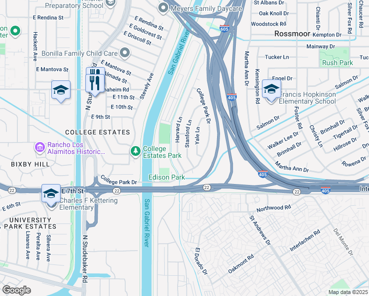 map of restaurants, bars, coffee shops, grocery stores, and more near 136 Harvard Lane in Seal Beach