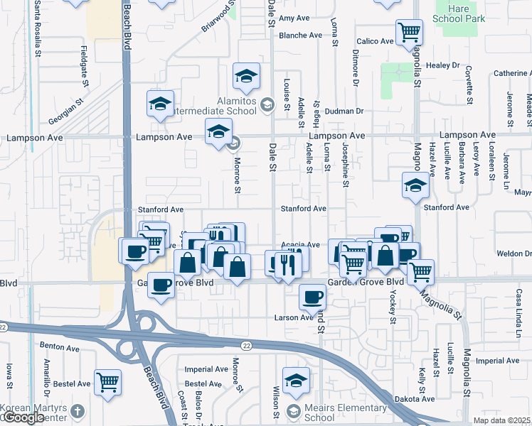 map of restaurants, bars, coffee shops, grocery stores, and more near 12776 Dale Street in Garden Grove