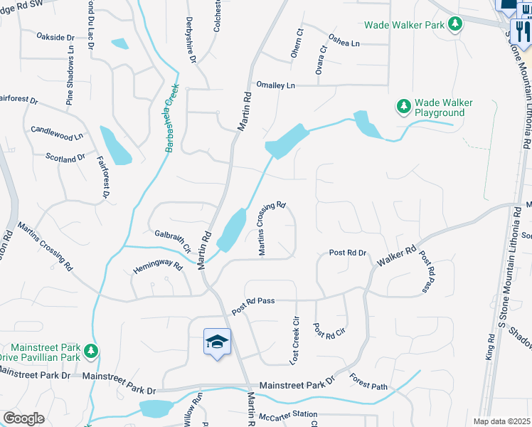 map of restaurants, bars, coffee shops, grocery stores, and more near 5432 Martins Crossing Road in Stone Mountain