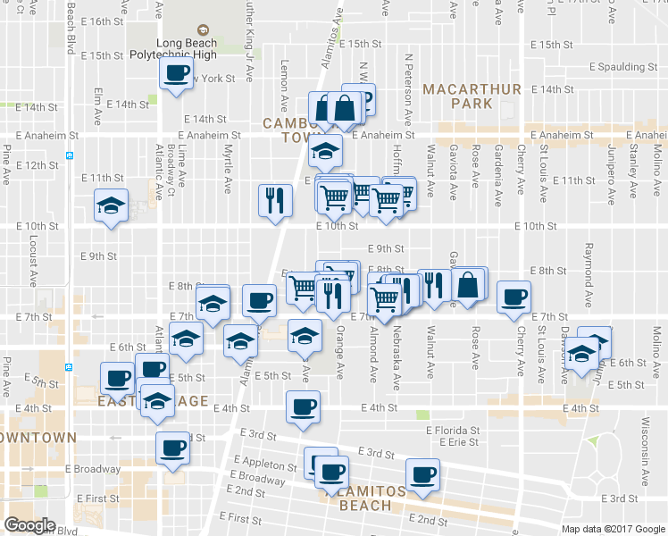 map of restaurants, bars, coffee shops, grocery stores, and more near 827 Orange Avenue in Long Beach