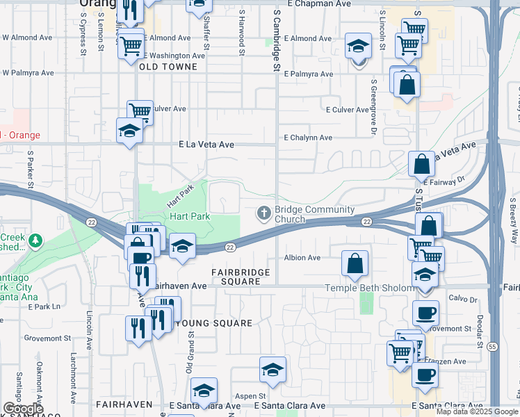 map of restaurants, bars, coffee shops, grocery stores, and more near 736 East Fairway Drive in Orange