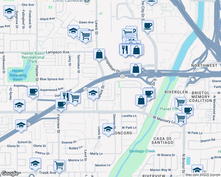 map of restaurants, bars, coffee shops, grocery stores, and more near 763 South Fondren Street in Orange