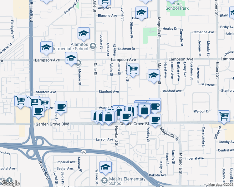 map of restaurants, bars, coffee shops, grocery stores, and more near 12771 Lorna Street in Garden Grove