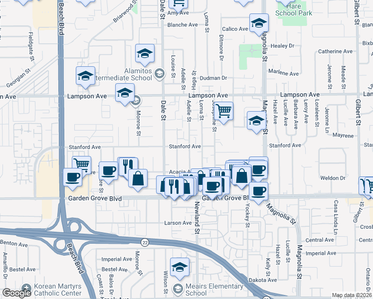 map of restaurants, bars, coffee shops, grocery stores, and more near 12772 Louise Street in Garden Grove