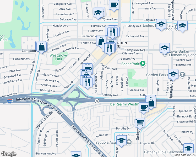 map of restaurants, bars, coffee shops, grocery stores, and more near 12782 Alonzo Cook Street in Garden Grove
