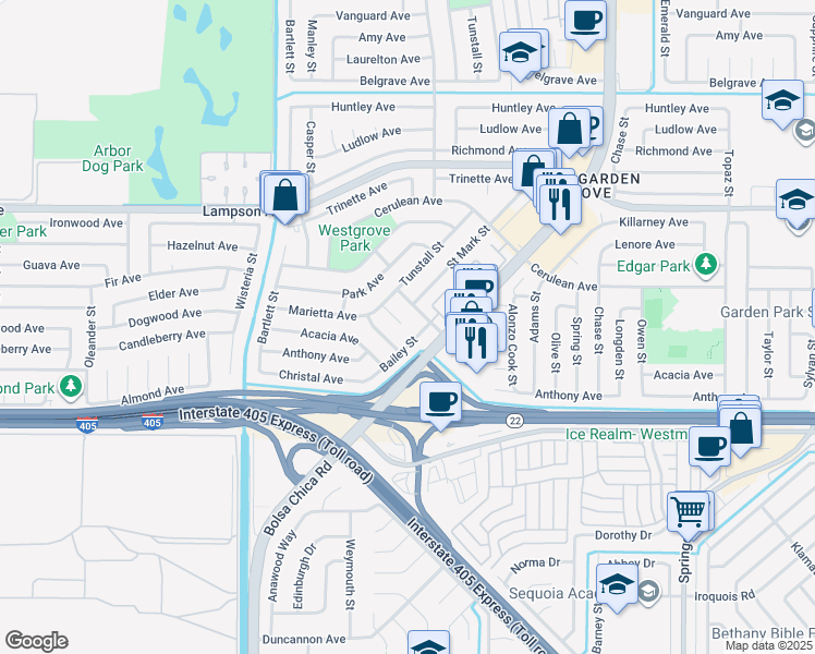 map of restaurants, bars, coffee shops, grocery stores, and more near 12771 Bailey Street in Garden Grove