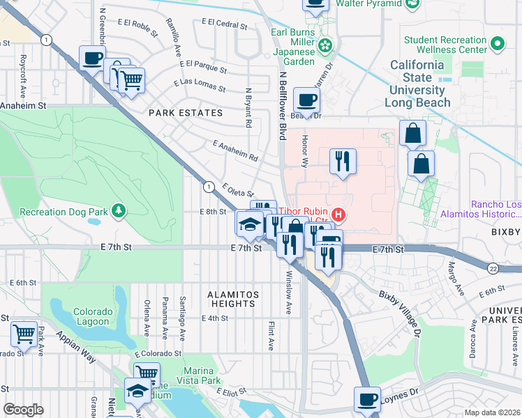map of restaurants, bars, coffee shops, grocery stores, and more near 5590 East Oleta Street in Long Beach