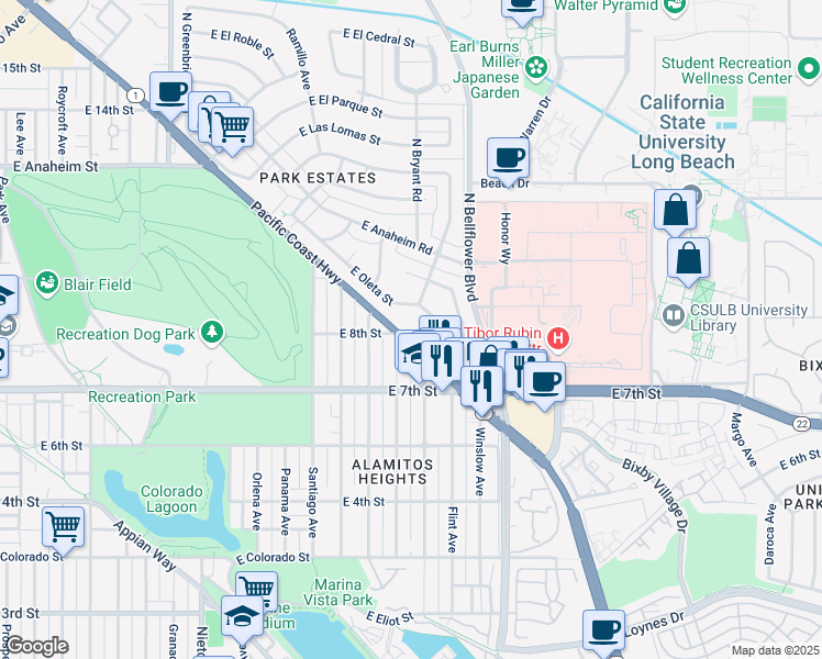 map of restaurants, bars, coffee shops, grocery stores, and more near 5510 California 1 in Long Beach