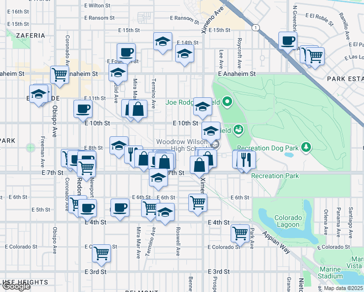 map of restaurants, bars, coffee shops, grocery stores, and more near 4222 East 8th Street in Long Beach