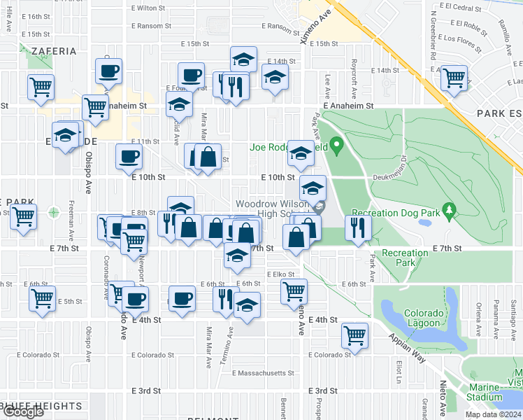 map of restaurants, bars, coffee shops, grocery stores, and more near 4108 East 8th Street in Long Beach