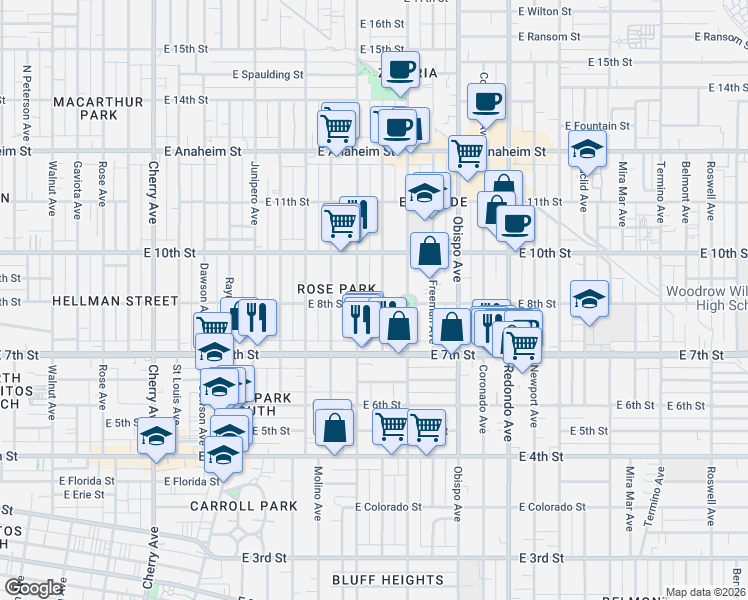 map of restaurants, bars, coffee shops, grocery stores, and more near 795 Gladys Avenue in Long Beach