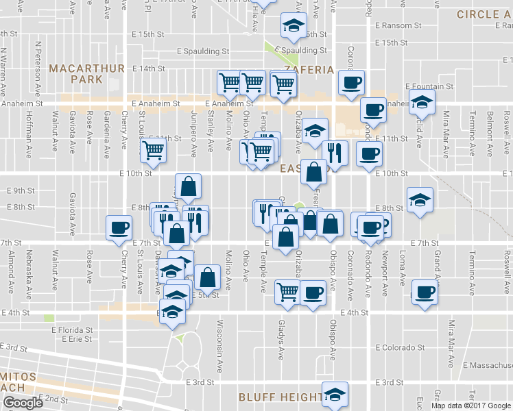 map of restaurants, bars, coffee shops, grocery stores, and more near 2720 East 8th Street in Long Beach