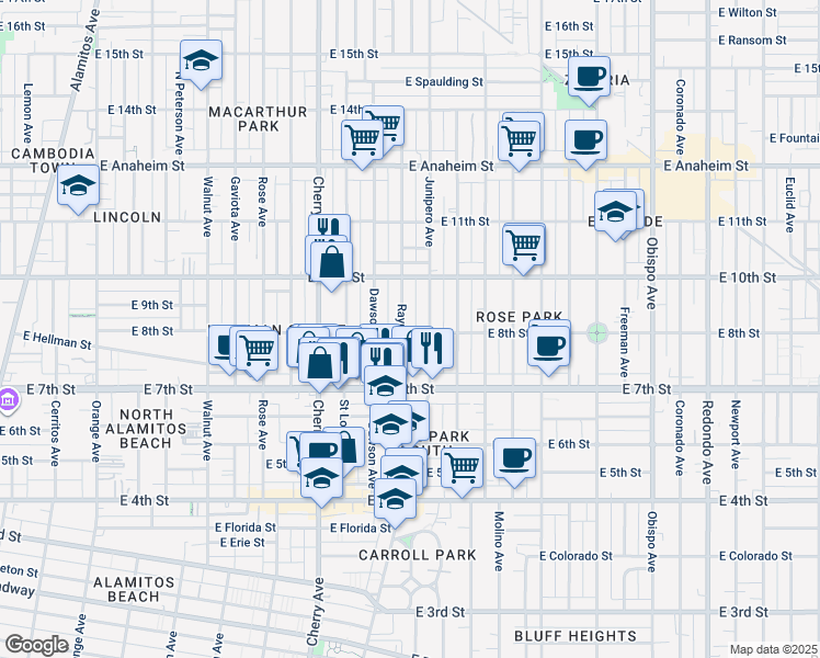 map of restaurants, bars, coffee shops, grocery stores, and more near 790 Raymond Avenue in Long Beach