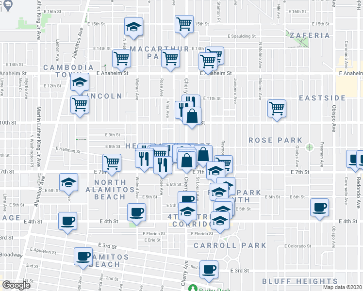 map of restaurants, bars, coffee shops, grocery stores, and more near 790 Gardenia Avenue in Long Beach