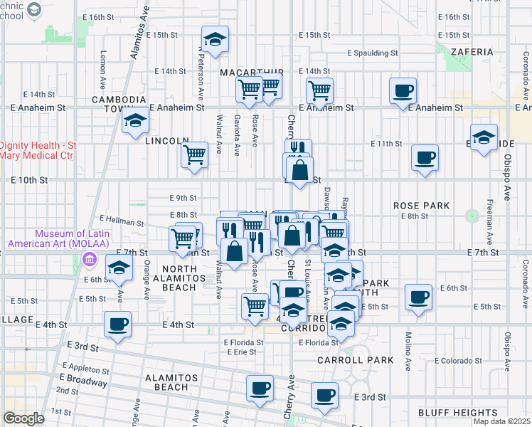 map of restaurants, bars, coffee shops, grocery stores, and more near 790 Gardenia Avenue in Long Beach