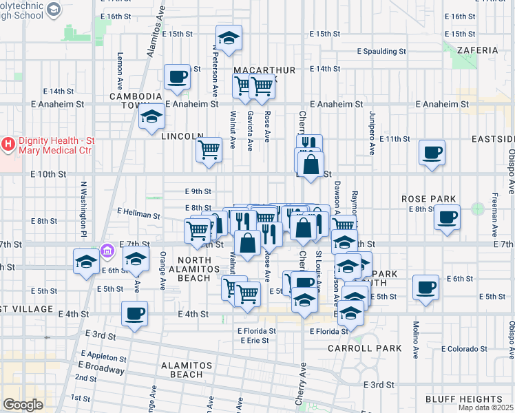 map of restaurants, bars, coffee shops, grocery stores, and more near in Long Beach
