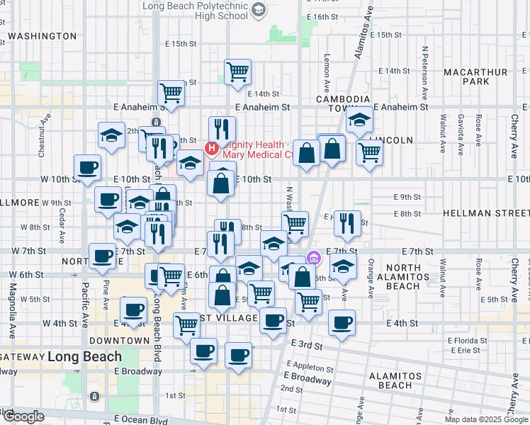 map of restaurants, bars, coffee shops, grocery stores, and more near 820 Lime Avenue in Long Beach