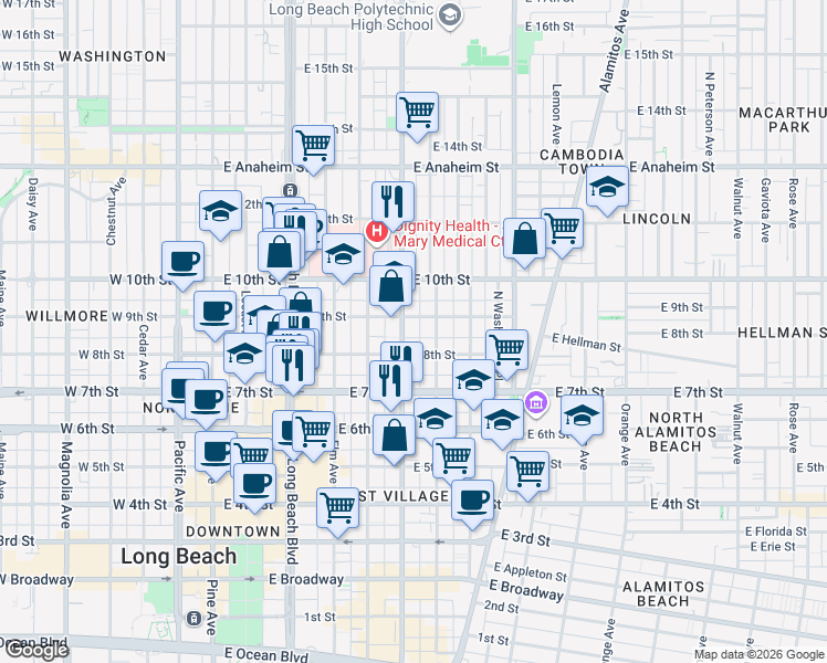 map of restaurants, bars, coffee shops, grocery stores, and more near 836 Atlantic Avenue in Long Beach