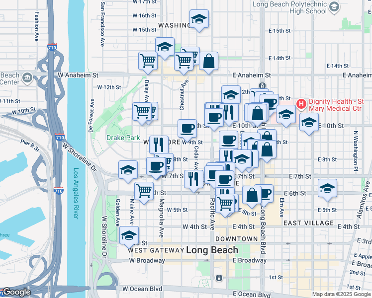 map of restaurants, bars, coffee shops, grocery stores, and more near 819 Cedar Avenue in Long Beach