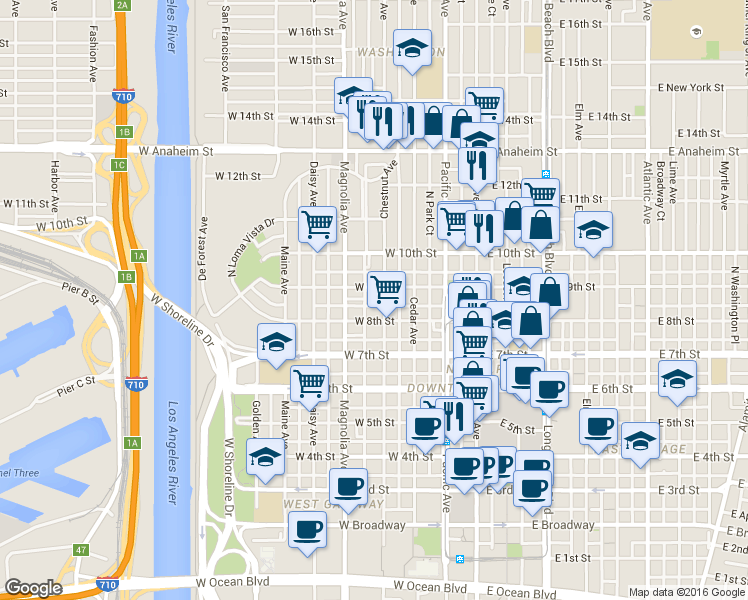 map of restaurants, bars, coffee shops, grocery stores, and more near 429 West 8th Street in Long Beach