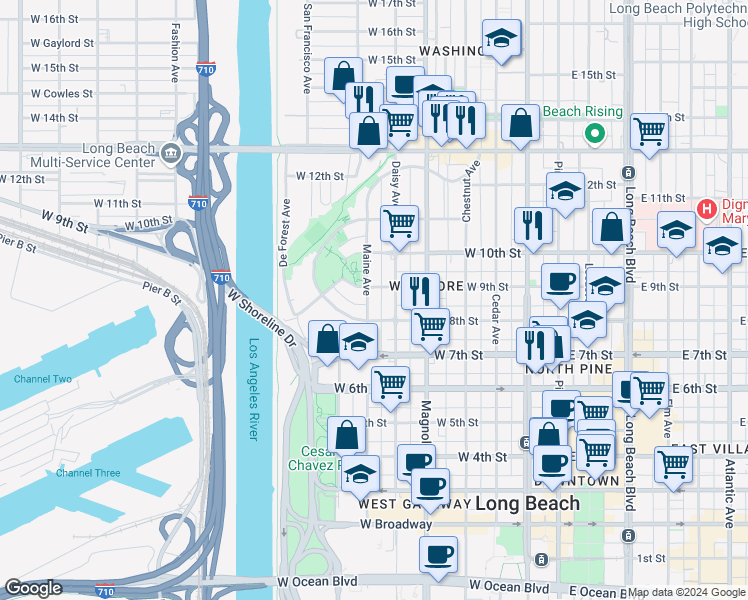 map of restaurants, bars, coffee shops, grocery stores, and more near 824 Nylic Court in Long Beach