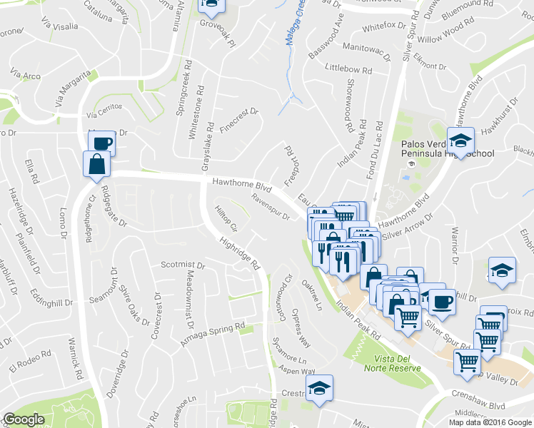 map of restaurants, bars, coffee shops, grocery stores, and more near 99 Hilltop Circle in Rancho Palos Verdes