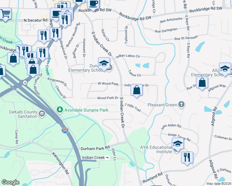 map of restaurants, bars, coffee shops, grocery stores, and more near 675 Wood Path Court in Stone Mountain