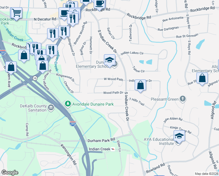 map of restaurants, bars, coffee shops, grocery stores, and more near 3923 Wood Path Lane in Stone Mountain