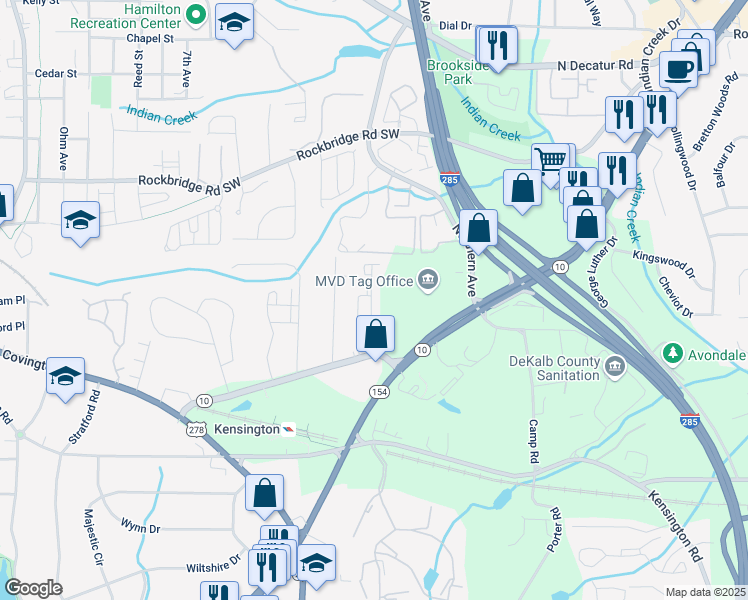 map of restaurants, bars, coffee shops, grocery stores, and more near 656 Avondale Park Circle in Decatur