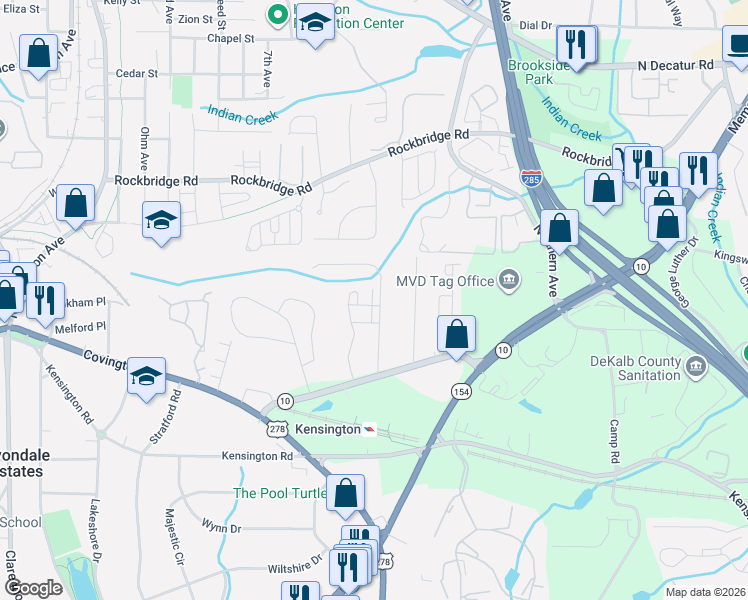 map of restaurants, bars, coffee shops, grocery stores, and more near 601 Alexander Hills in Decatur