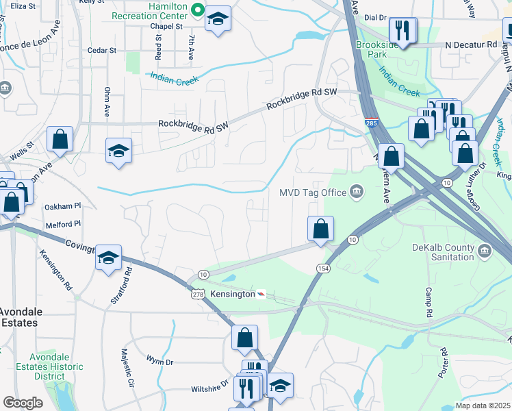 map of restaurants, bars, coffee shops, grocery stores, and more near 631 Avondale Creek Drive in Decatur