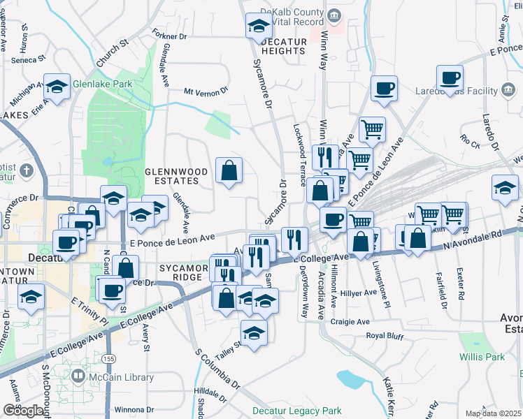 map of restaurants, bars, coffee shops, grocery stores, and more near 104 Hillcrest Avenue in Decatur