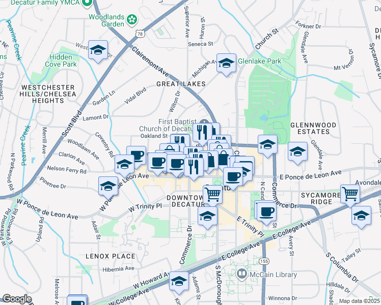 map of restaurants, bars, coffee shops, grocery stores, and more near in Decatur