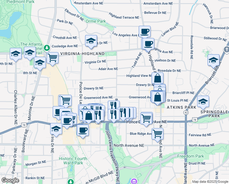 map of restaurants, bars, coffee shops, grocery stores, and more near 821 Barnett Street Northeast in Atlanta
